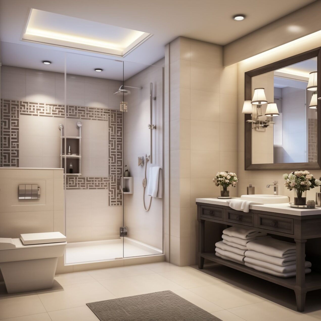 Classic bathroom with a wall-to-wall shower screen installation, geometric feature tile and vintage-style vanity