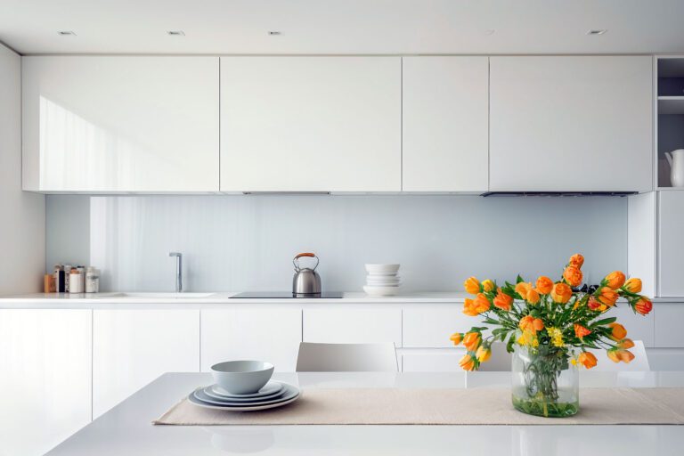 Bright modern kitchen with a white glass kitchen splashback, glossy cabinets and fresh orange tulips on the table