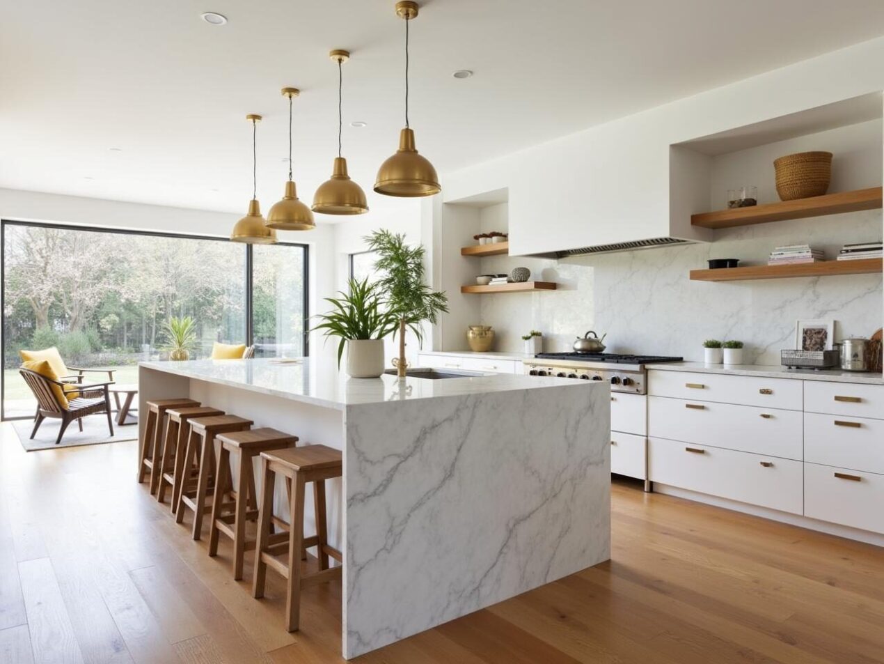 Contemporary kitchen with white marble glass splashback, island bench and gold pendant lighting