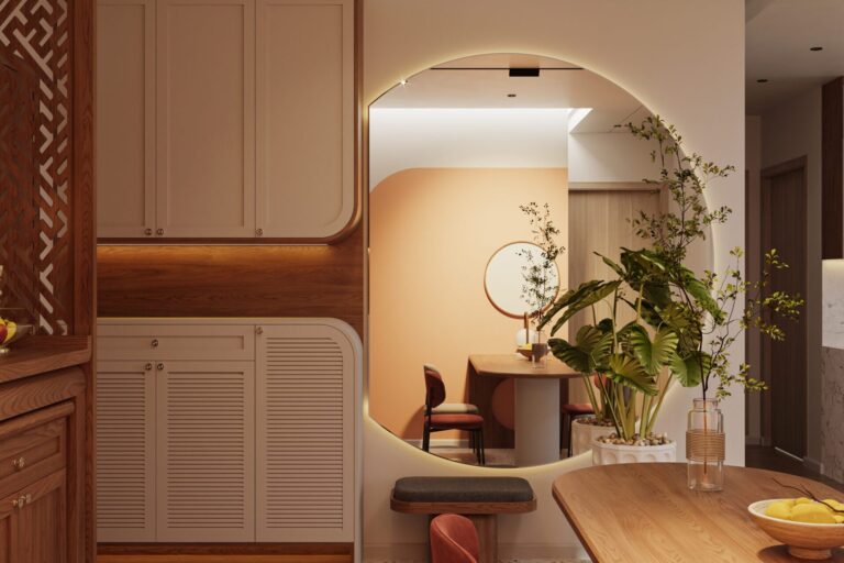 Stylish dining room with a round made-to-measure mirror as a unique feature