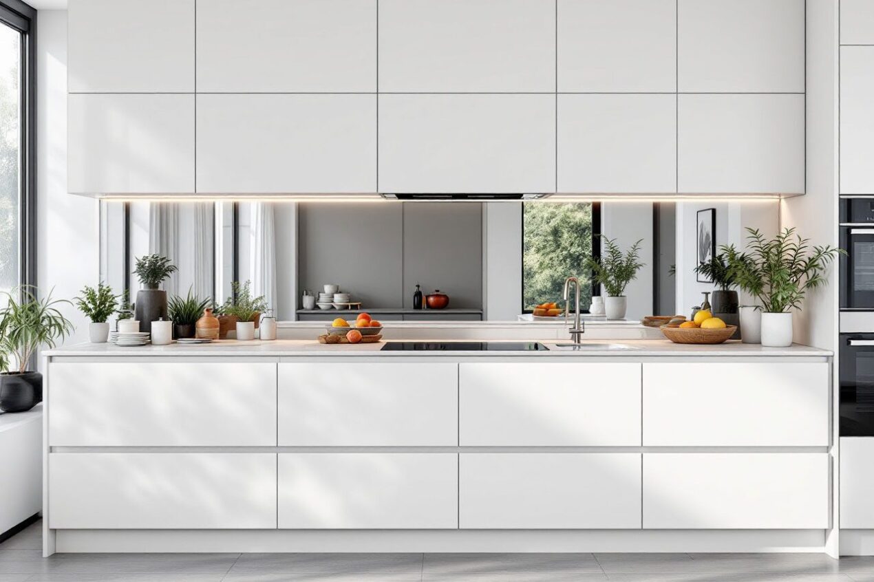 Modern kitchen with a reflective mirror splashback and minimalist cabinetry