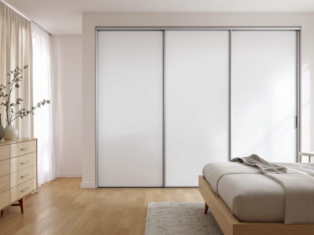 Stylish bedroom with white vinyl sliding robe doors, perfect for Gold Coast homes.