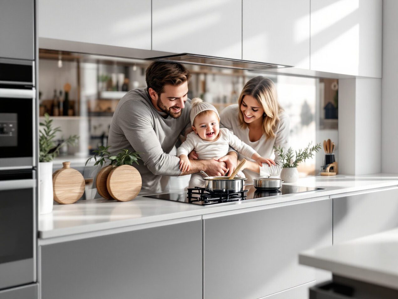 Family enjoying cooking in a kitchen with a digitally printed glass splashback