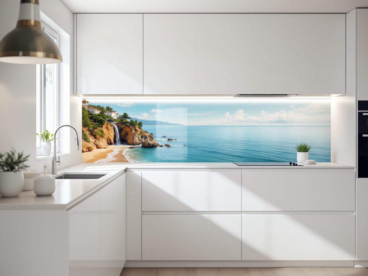 Photo glass splashback with a stunning ocean image in a bright kitchen