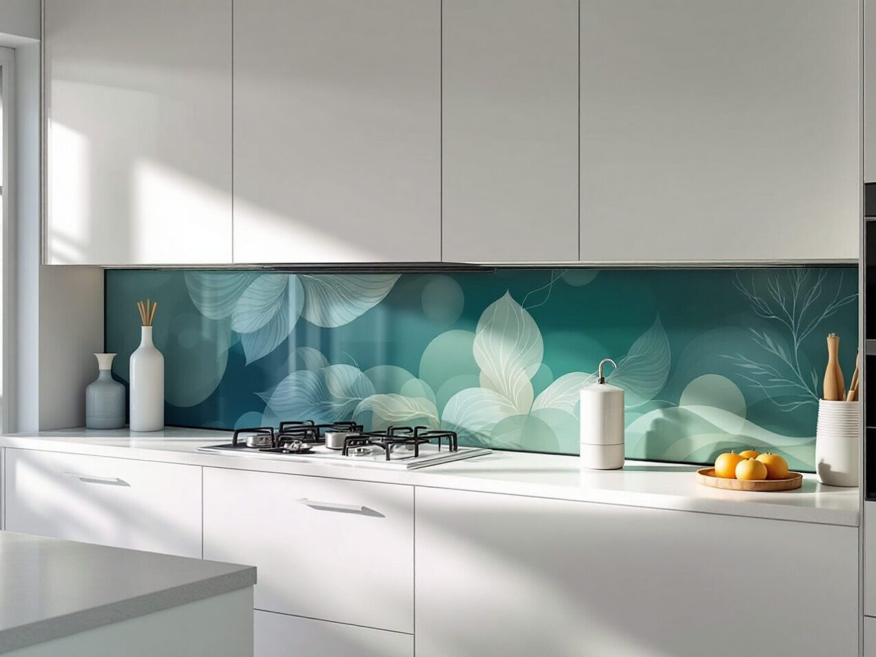 Personalised glass splashback with green leaf pattern in a contemporary kitchen