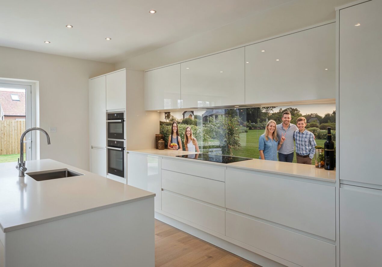 Personalised glass splashback featuring a family photo in a modern kitchen