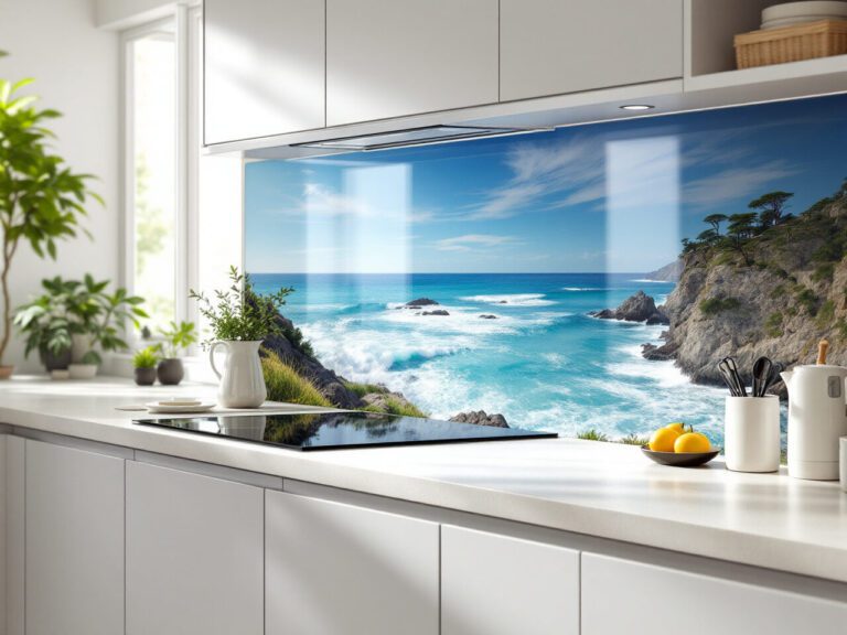 Custom image splashbacks featuring coastal scenery in a white kitchen