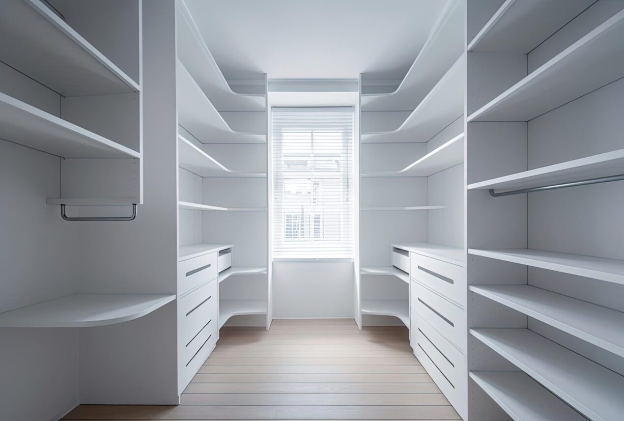 Contemporary walk-in wardrobe shelving with open storage and smart layout ideas