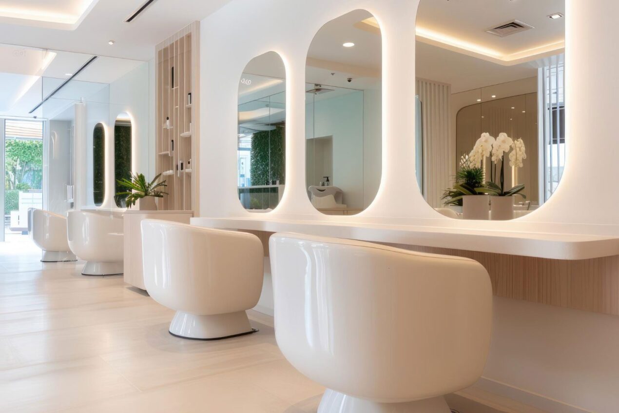 Bright modern beauty salon with curved illuminated mirrors and white styling chairs
