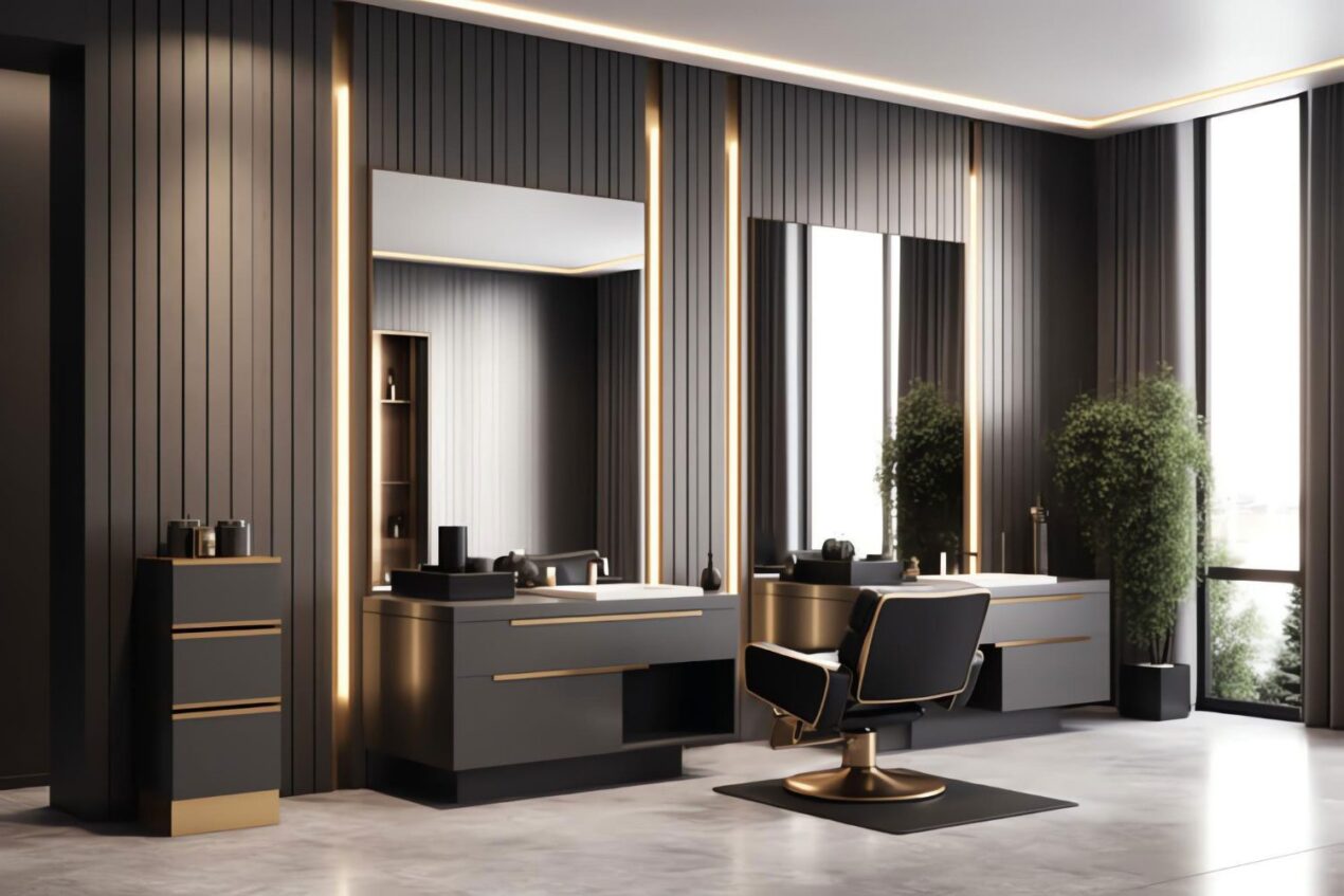 Luxury hair salon featuring black and gold styling chairs and large vertical salon mirrors
