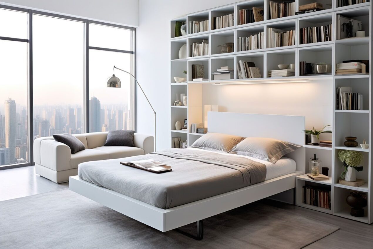 Built-in cabinets for bedrooms with wall-mounted bookshelves and bed