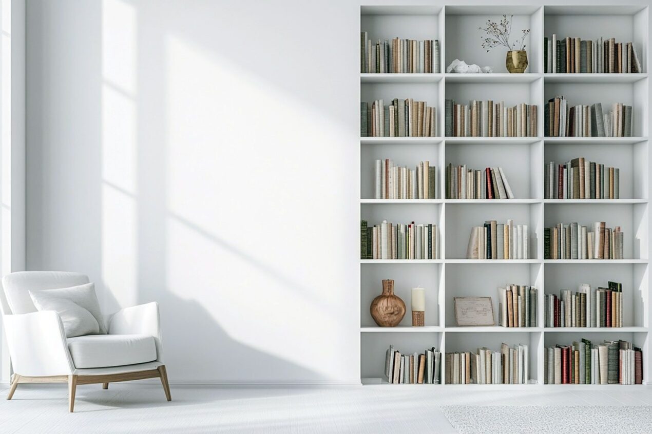 Built-in cabinets for living rooms with white bookshelf and armchair in a minimalist setting