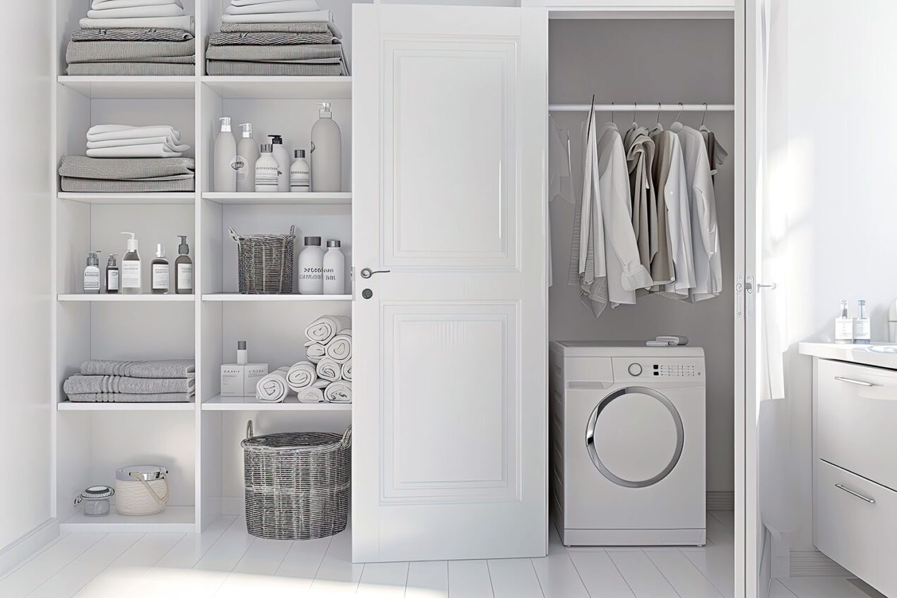 Built-in cupboards for laundry with open shelves and front load washing machine