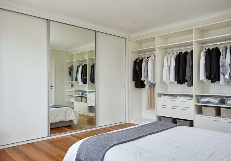 Modern bedroom with built-in wardrobe and sliding doors featuring open storage and mirror panels