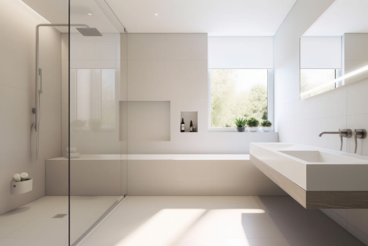 Frameless shower glass panel in a minimalist bathroom with white tiles and floating vanity