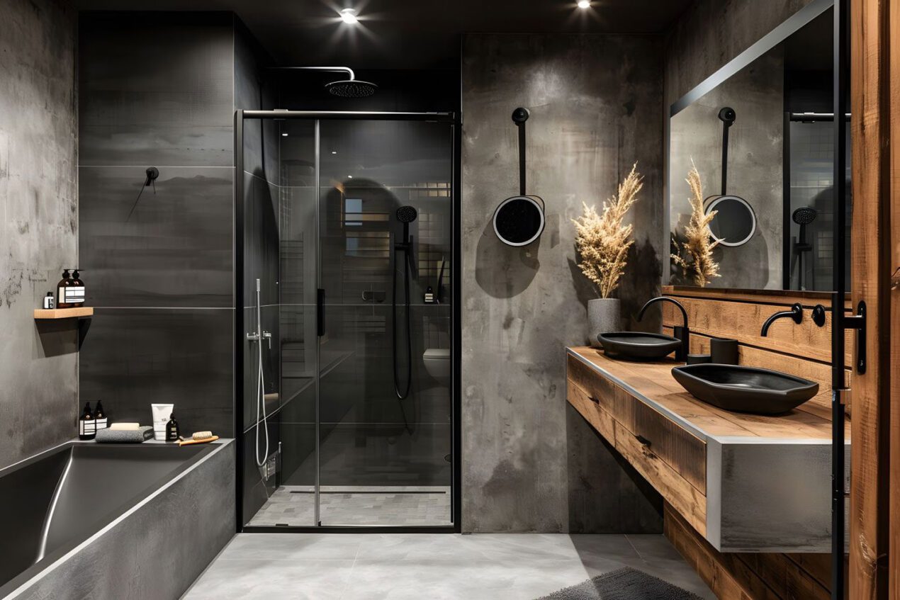 Pivot shower door with fixed panel in an alcove shower