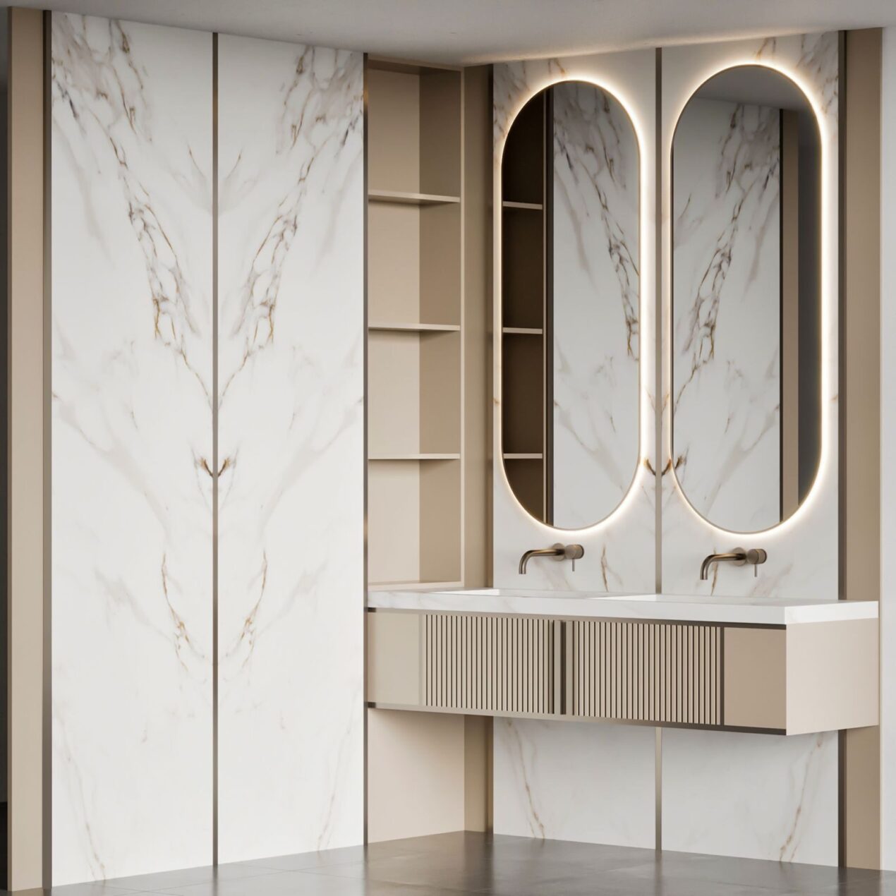 Bathroom Mirror Design Idea using two pill shape mirrors with LED