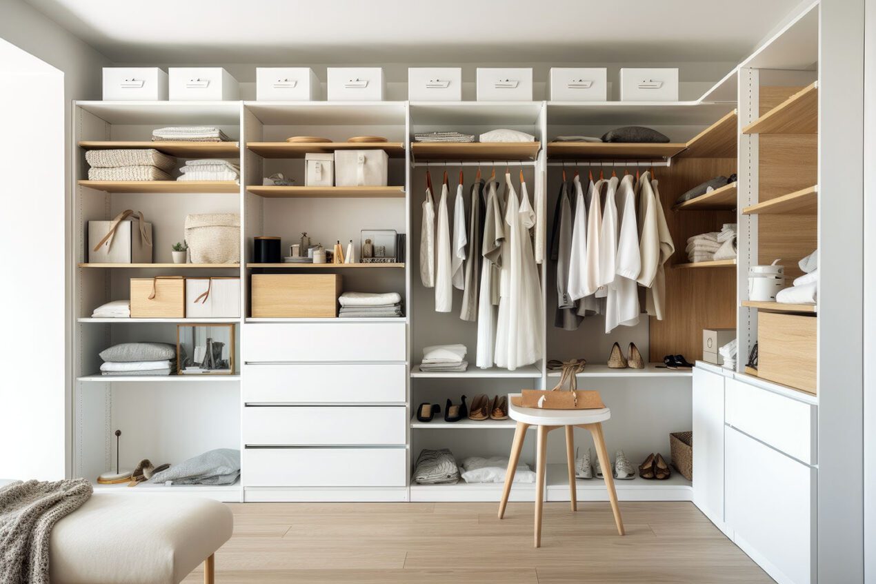 Modern wardrobe and storage design with organised shelves and hanging space