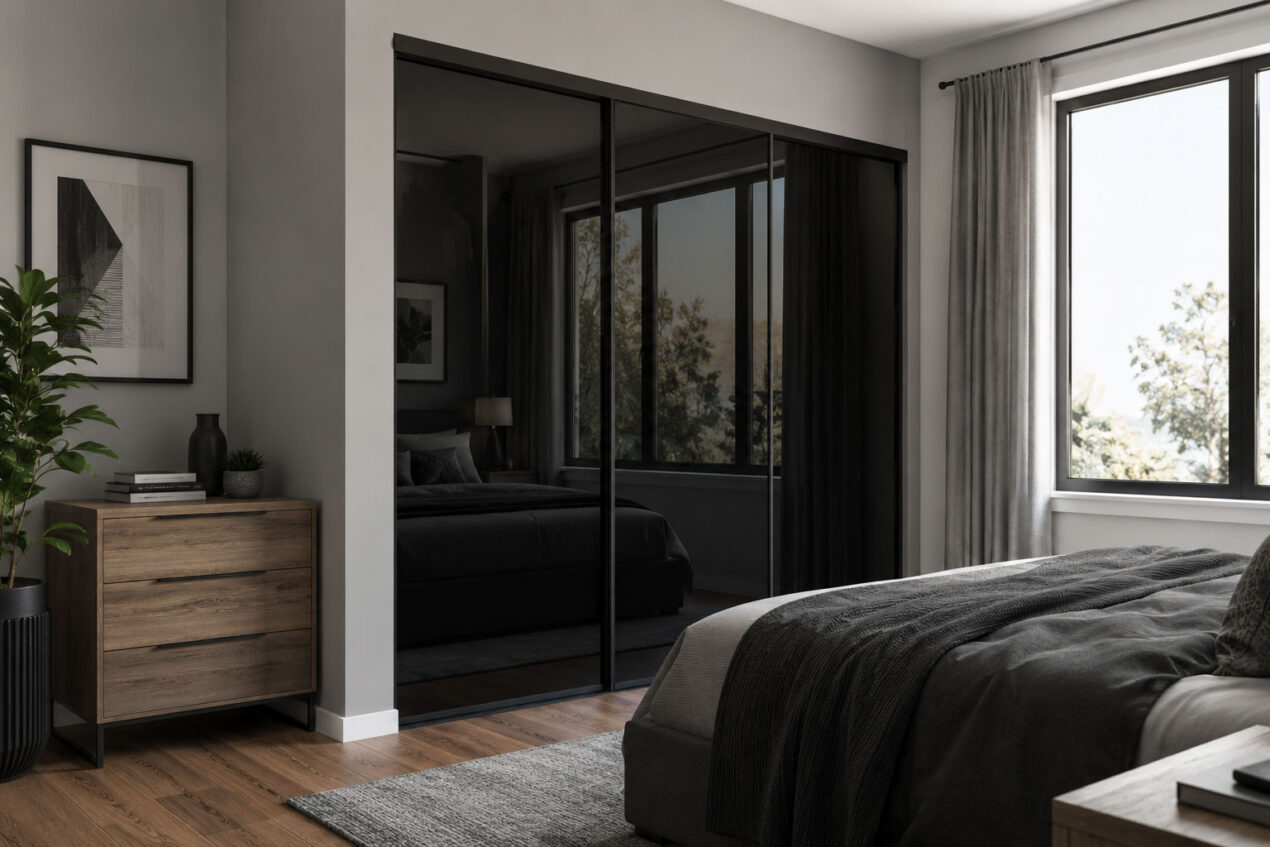 Black glass sliding wardrobe doors in a masculine modern bedroom with dark reflective panels