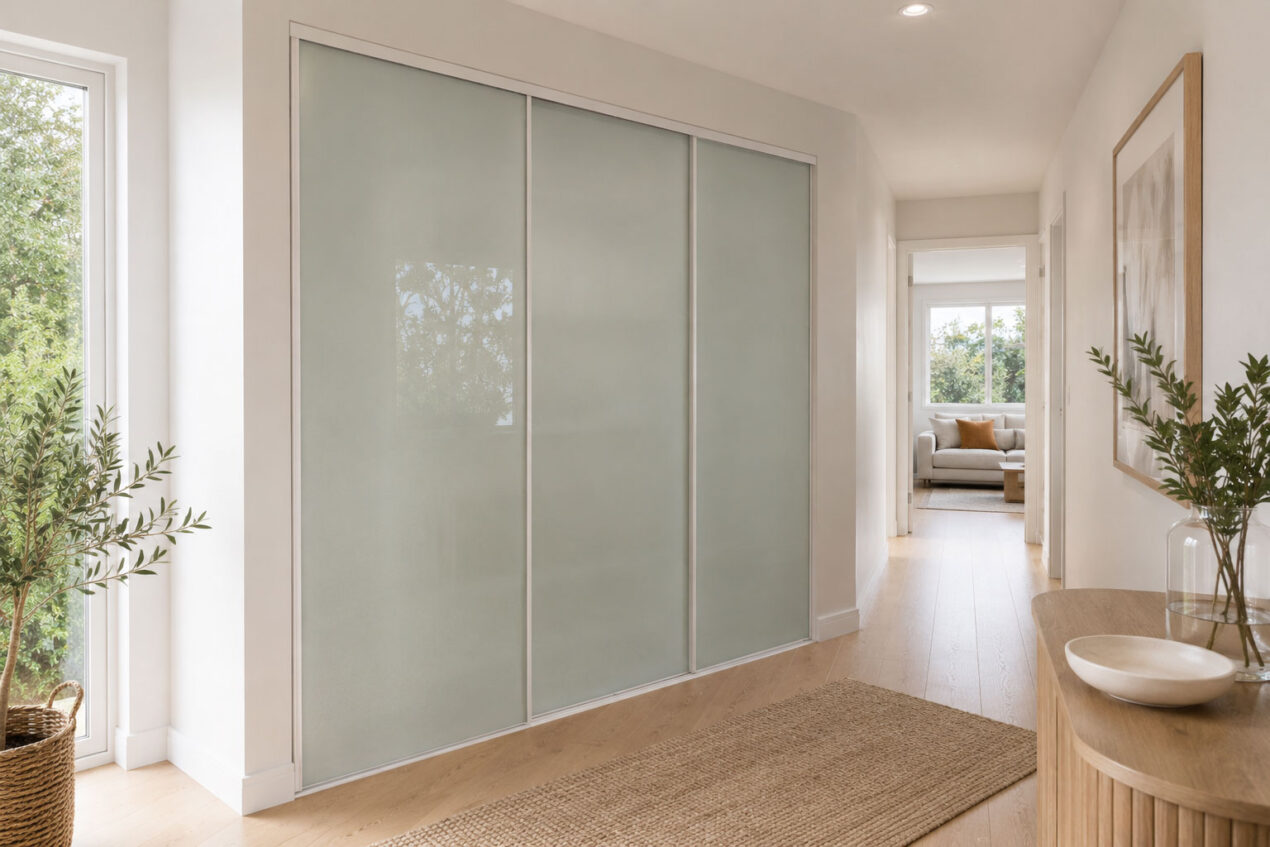 Frosted glass sliding doors used for a hallway linen closet in a modern Australian home