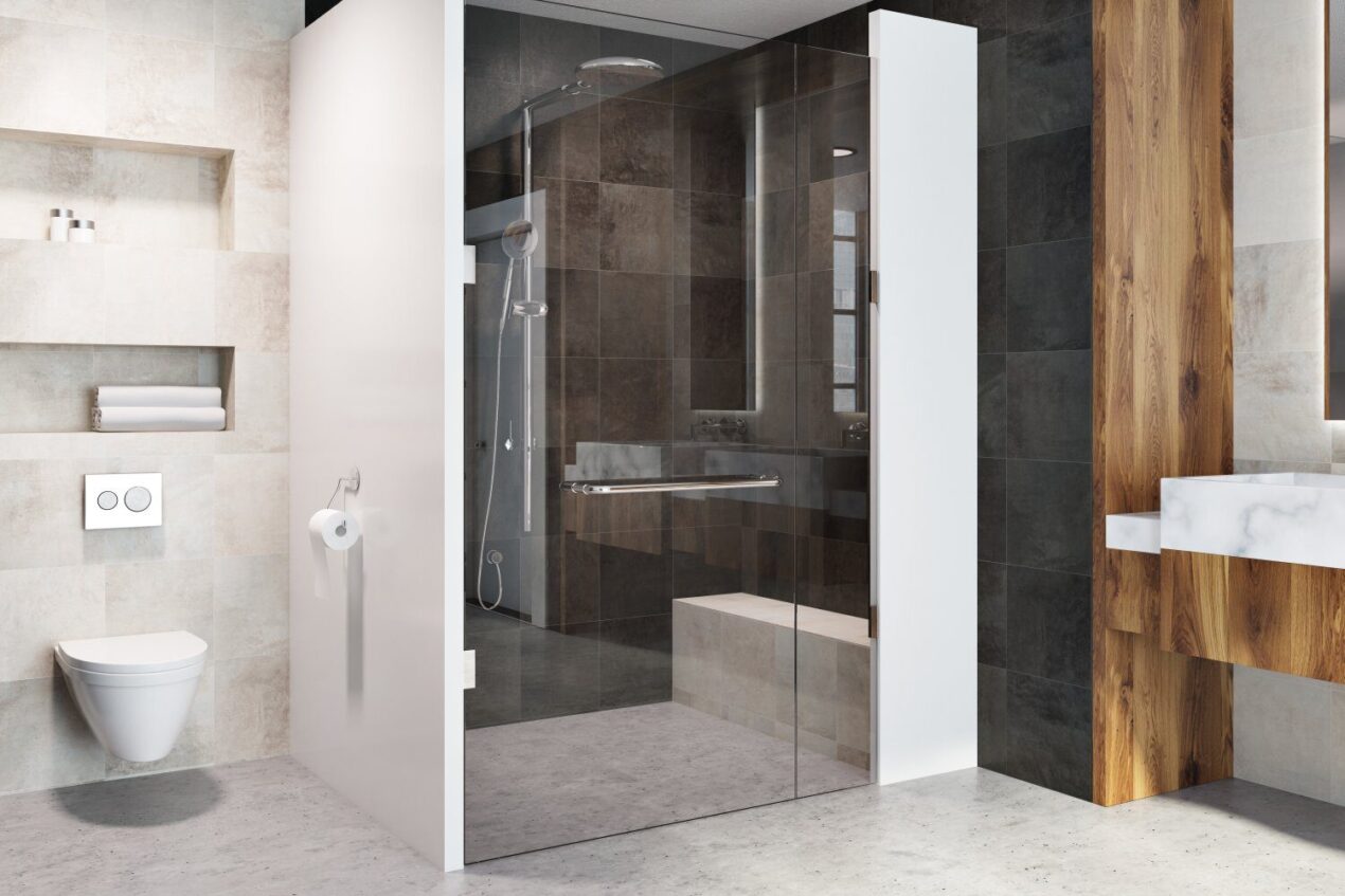 custom glass shower screen door in luxury bathroom