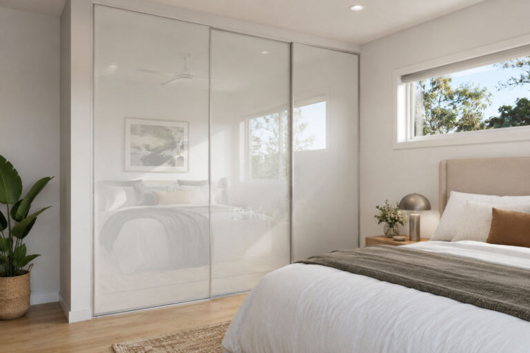 Glass sliding wardrobe doors in a modern bedroom with reflective white glass panels