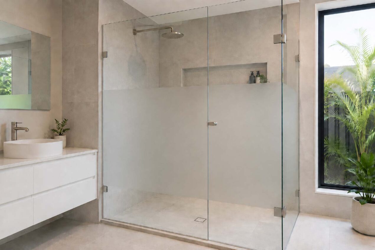 Banded frosted shower screen with a horizontal privacy strip in a Gold Coast bathroom