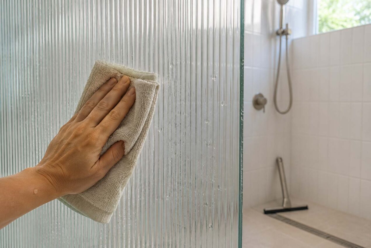 Cleaning fluted glass shower screen with visible reed texture in a Gold Coast bathroom