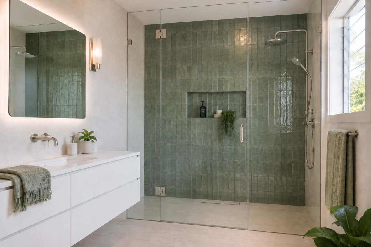 Clear glass shower screen showing a feature wall in a Gold Coast ensuite