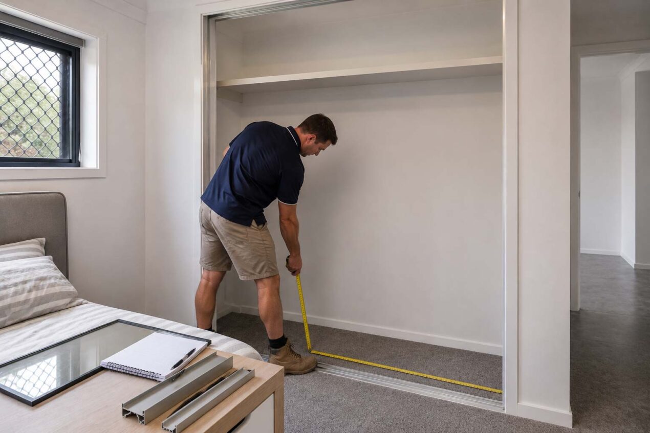 Custom sliding wardrobe door measure for a built-in wardrobe opening in an Gold Coast bedroom