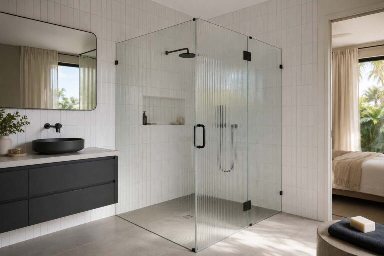 Fluted glass shower screen guide showing a frameless reeded glass screen in a Gold Coast ensuite