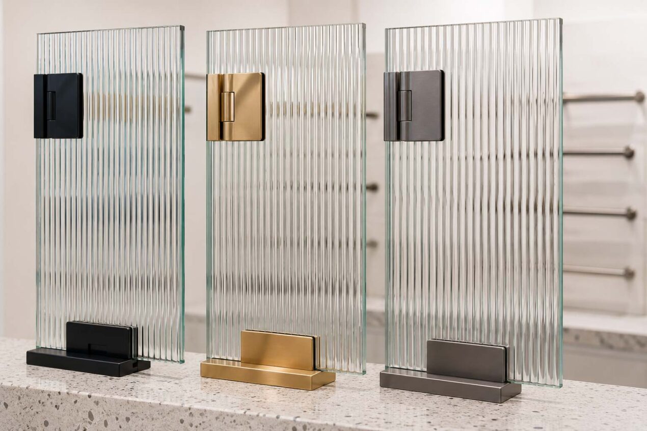 Fluted glass shower screen hardware finishes including matte black brushed gold and gunmetal brackets