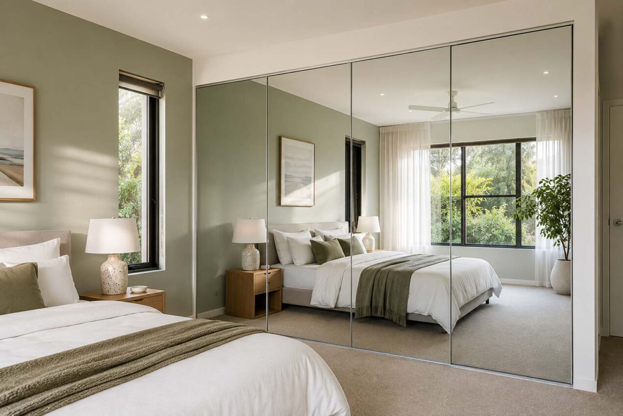 Frameless mirror sliding wardrobe doors in a modern Gold Coast main bedroom