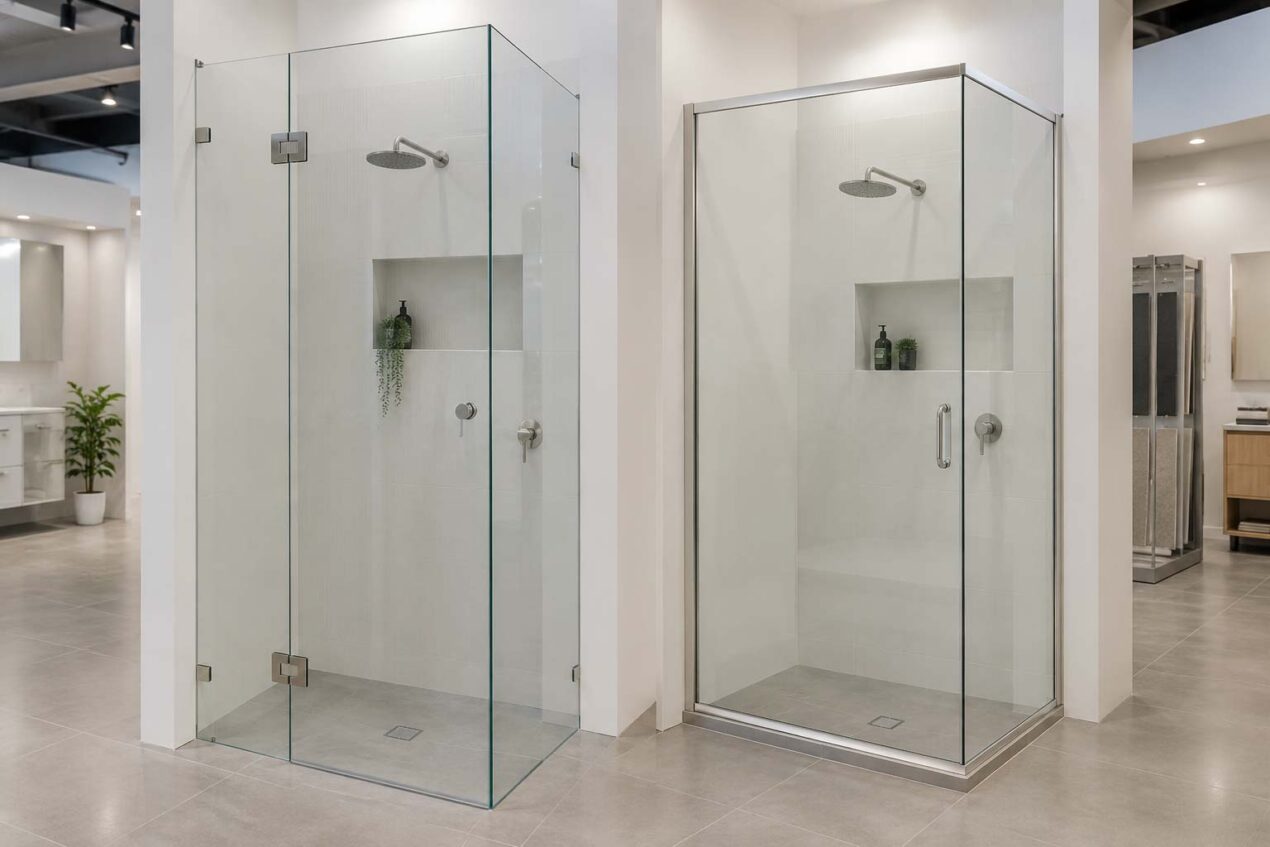 Frameless vs semi-frameless shower screen cost comparison in an Australian showroom setting