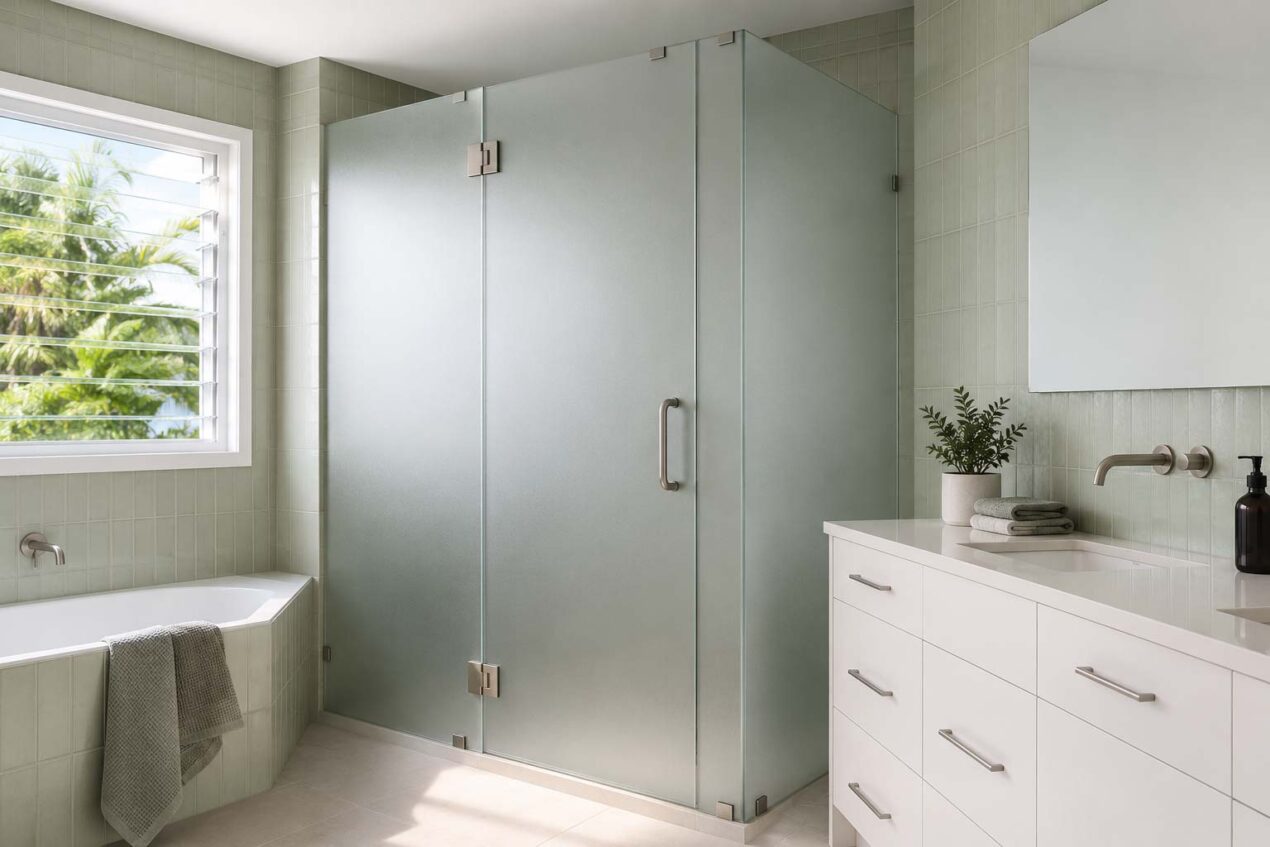 Frosted shower screen in a Gold Coast family bathroom for added privacy