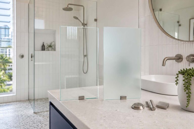 Frosted vs clear shower screen glass comparison in a Gold Coast bathroom