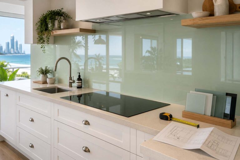 Glass splashback cost Gold Coast guide showing a custom sage-green kitchen splashback