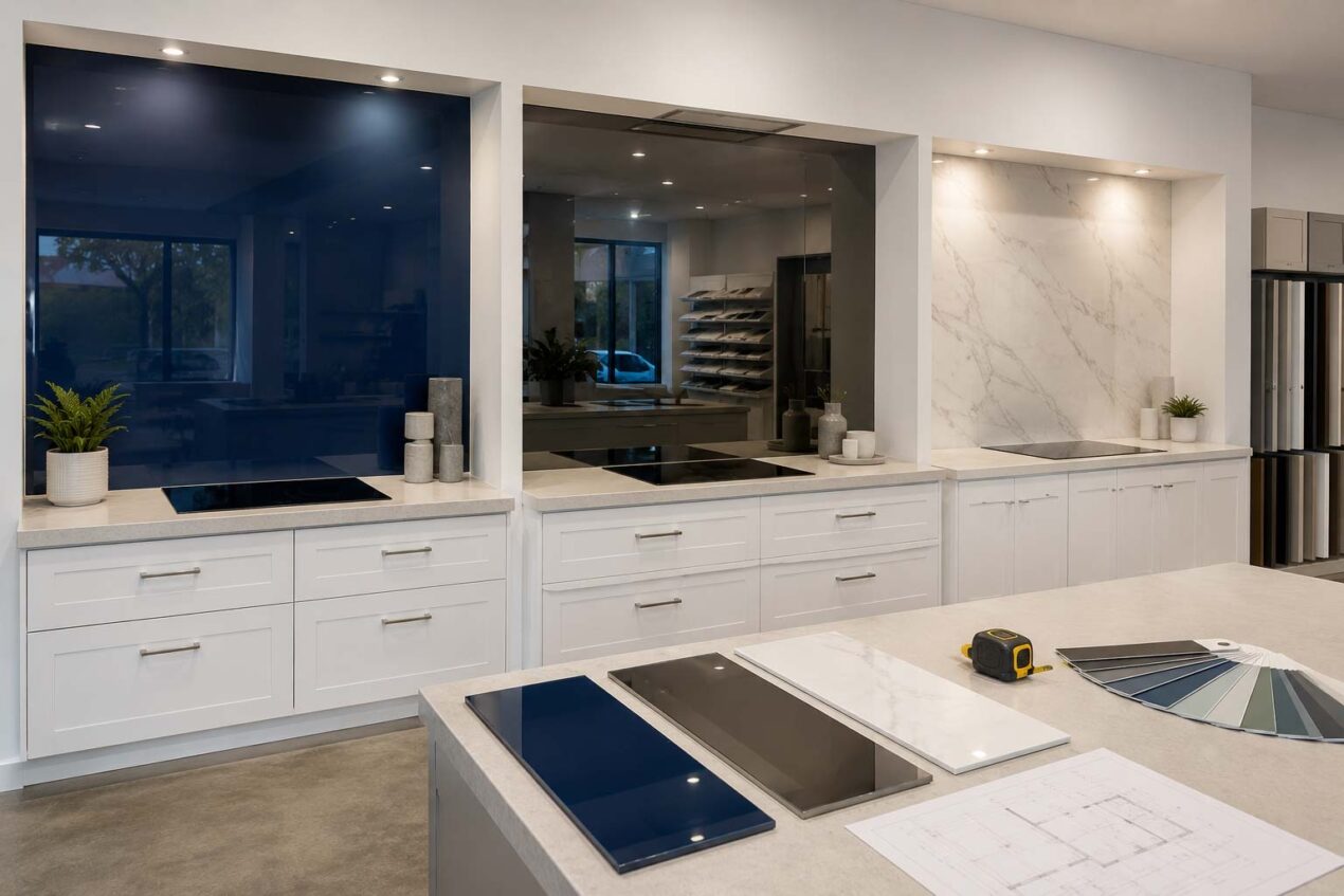 Glass splashback finish options including coloured glass, tinted mirror and marble-look glass in a Gold Coast showroom