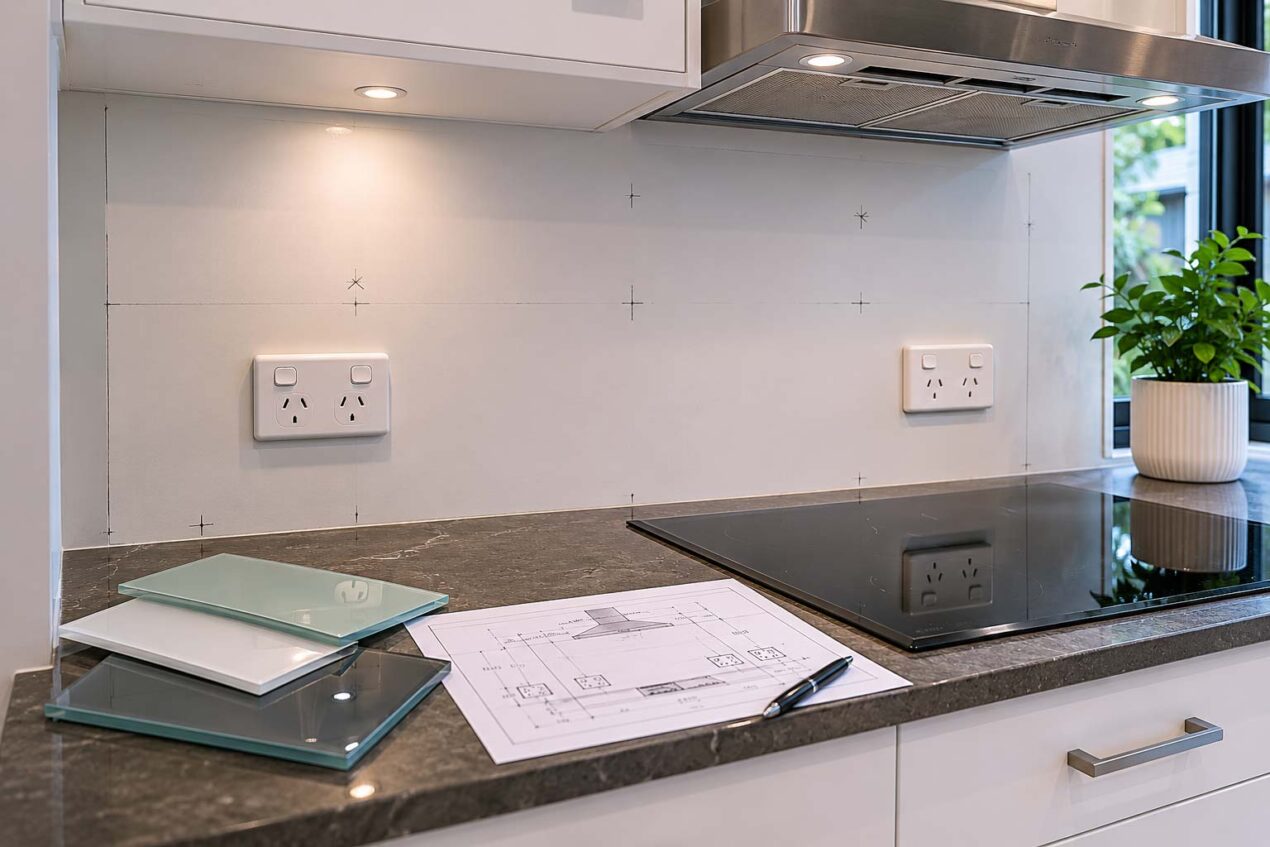 Glass splashback power point cut-outs being measured for a Gold Coast kitchen renovation