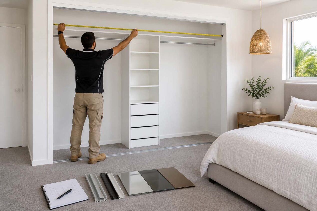 Mirror sliding wardrobe door measure for a wide built-in wardrobe opening on the Gold Coast