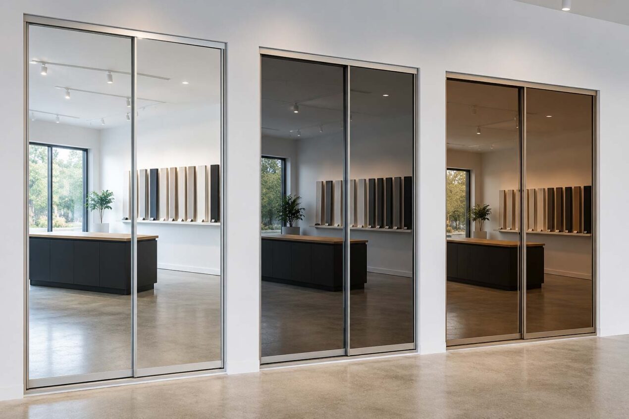 Mirror sliding wardrobe door panel options showing Standard Smokey and Bronze finishes in a Gold Coast showroom