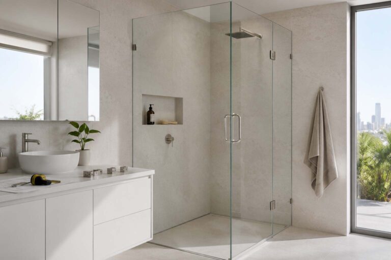 Shower screen cost Gold Coast guide showing a frameless shower screen in a contemporary bathroom