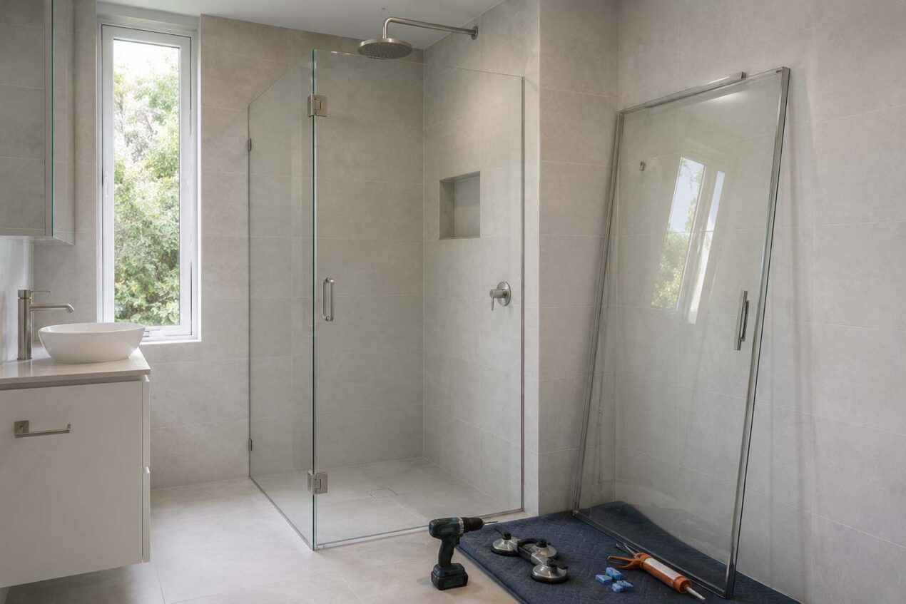 Shower screen replacement cost on the Gold Coast showing a new frameless screen installation