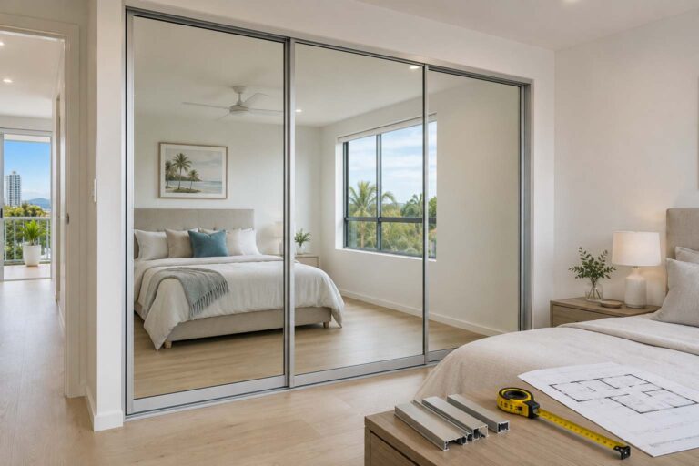 Sliding wardrobe door cost Gold Coast guide showing custom mirror doors in a contemporary bedroom