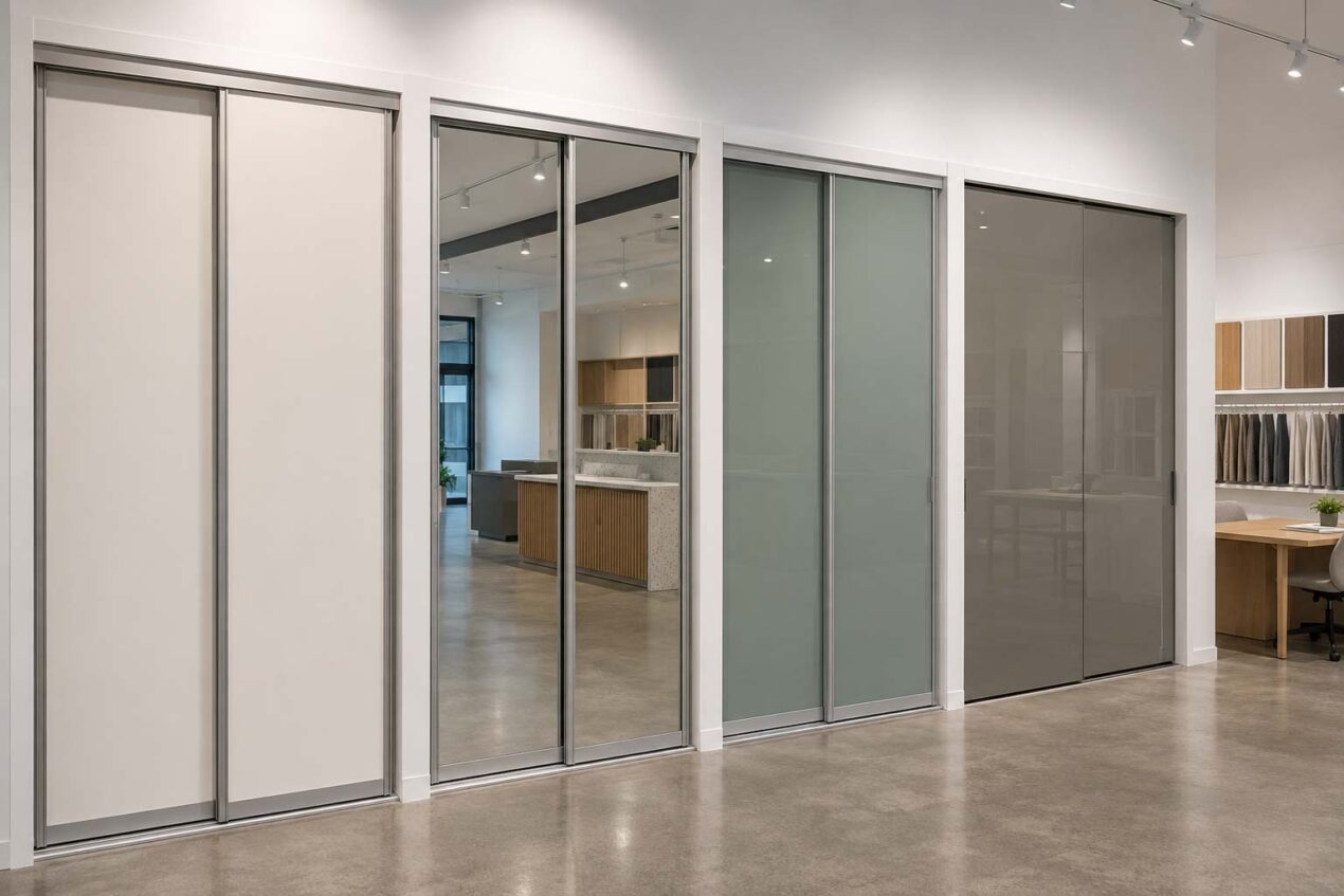 Sliding wardrobe door material options including mirror, glass and framed panels in an Australian showroom