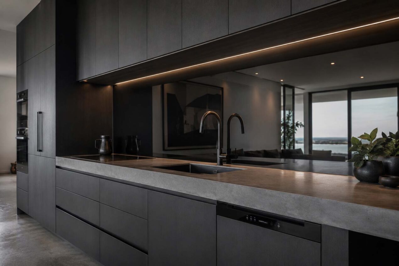 Smoked mirror kitchen splashback in a modern Gold Coast kitchen with charcoal cabinetry