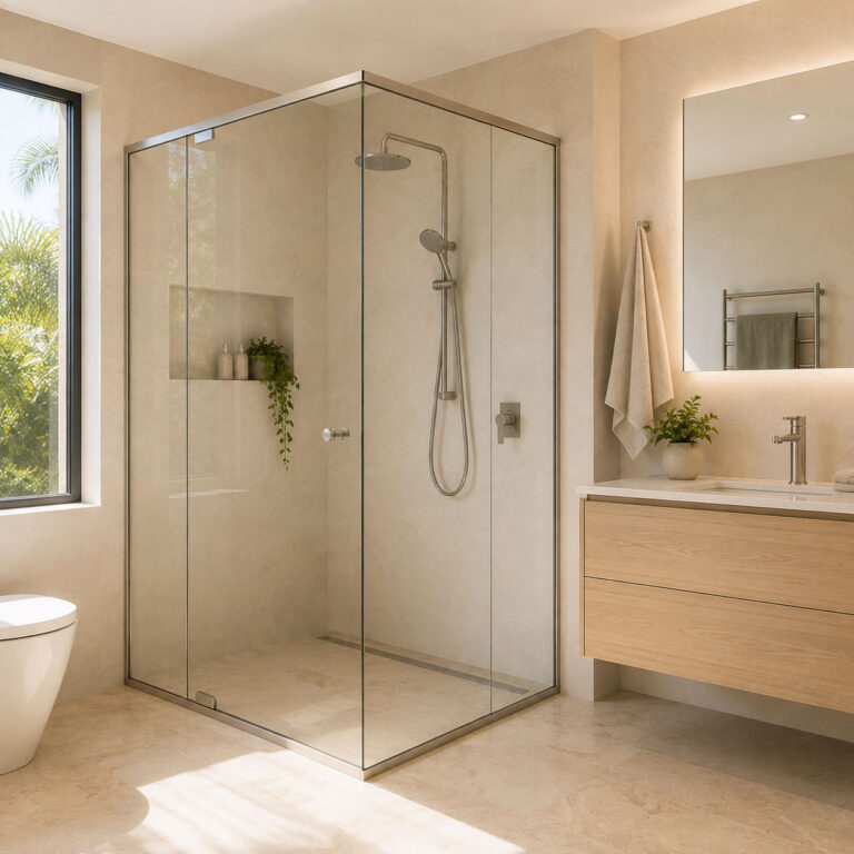 Custom made shower screen and mirror in a contemporary Gold Coast bathroom