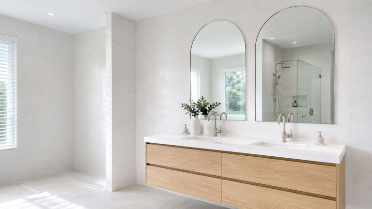 Custom arched bathroom mirrors above a light timber vanity in a bright Gold Coast bathroom