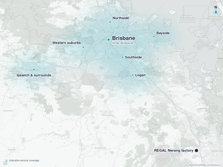 Map of REGAL’s shower screen service areas across Brisbane, Logan and Ipswich from the Nerang factory.