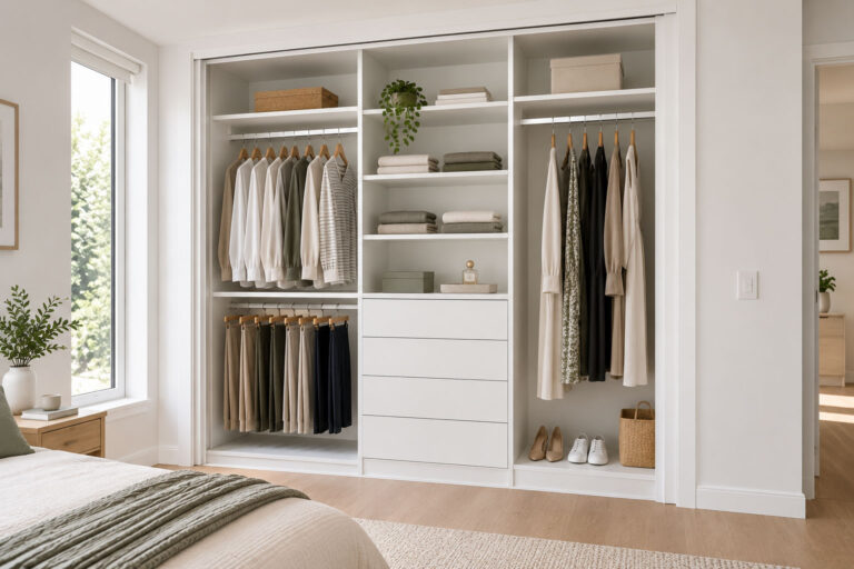 White melamine built-in wardrobe with double-hang, long-hang, shelving and flat-faced drawers